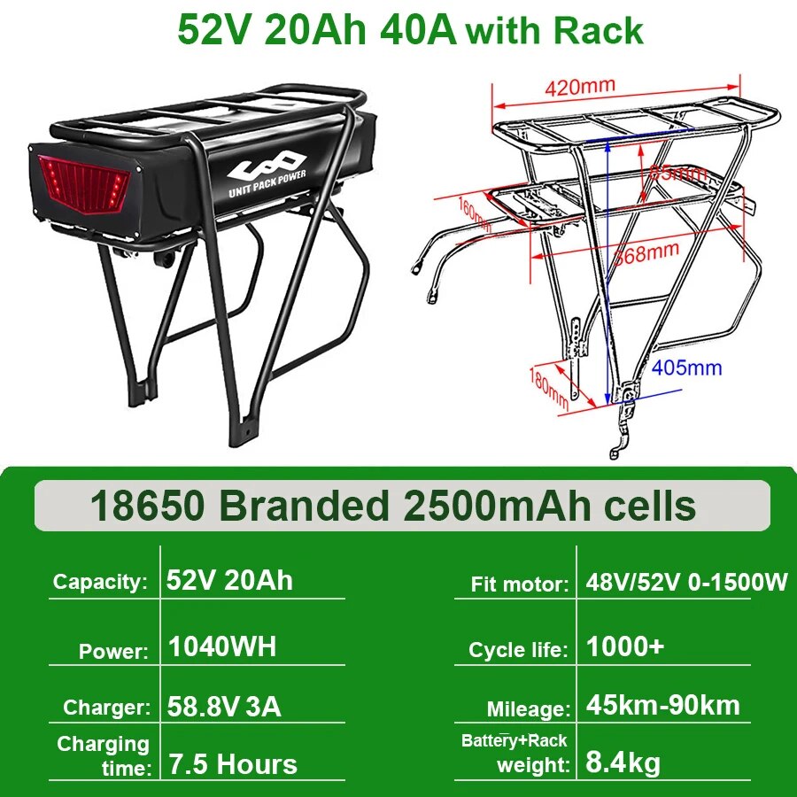 Rear Rack eBike Battery 21700 18650 52V 48V 28Ah 24Ah 20Ah With Double Luggage for 2000W 1500W 1000W 750W 500W 24"-28 inch Motor - RY MARKET PLACE