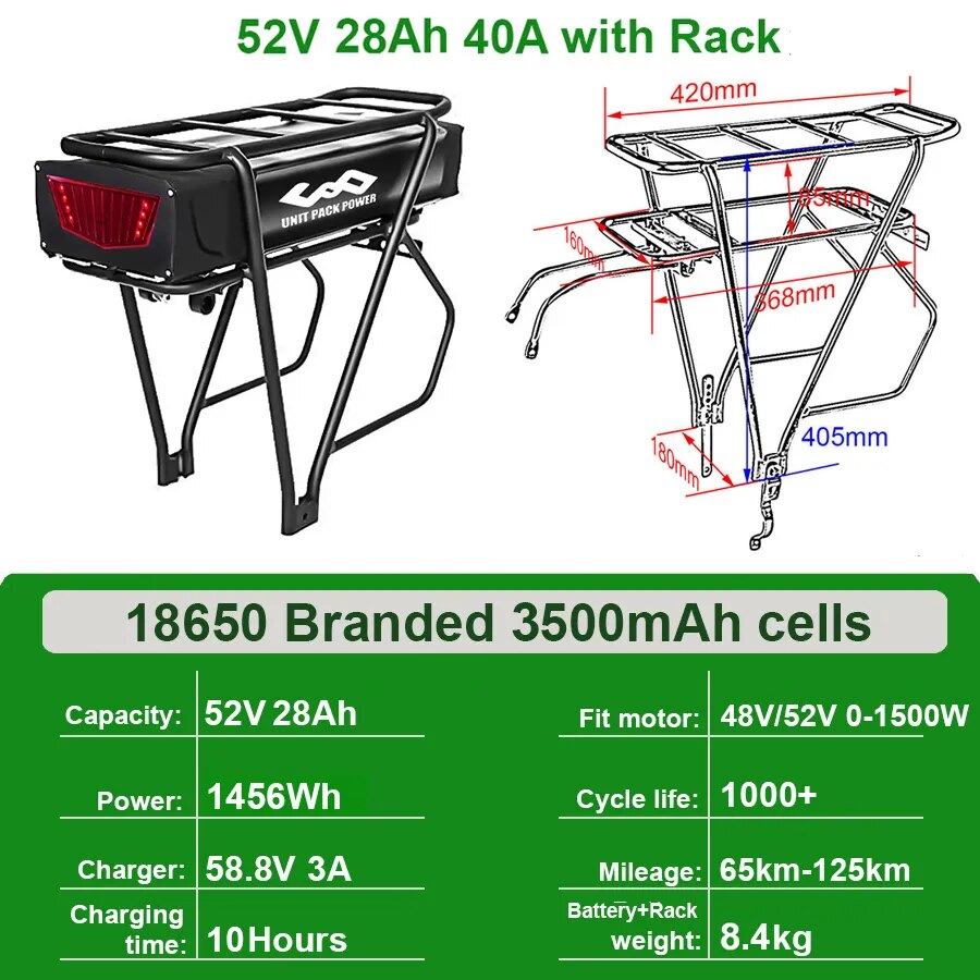 Rear Rack eBike Battery 21700 18650 52V 48V 28Ah 24Ah 20Ah With Double Luggage for 2000W 1500W 1000W 750W 500W 24"-28 inch Motor - RY MARKET PLACE