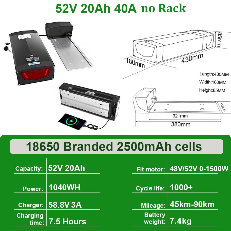 Rear Rack eBike Battery 21700 18650 52V 48V 28Ah 24Ah 20Ah With Double Luggage for 2000W 1500W 1000W 750W 500W 24"-28 inch Motor - RY MARKET PLACE