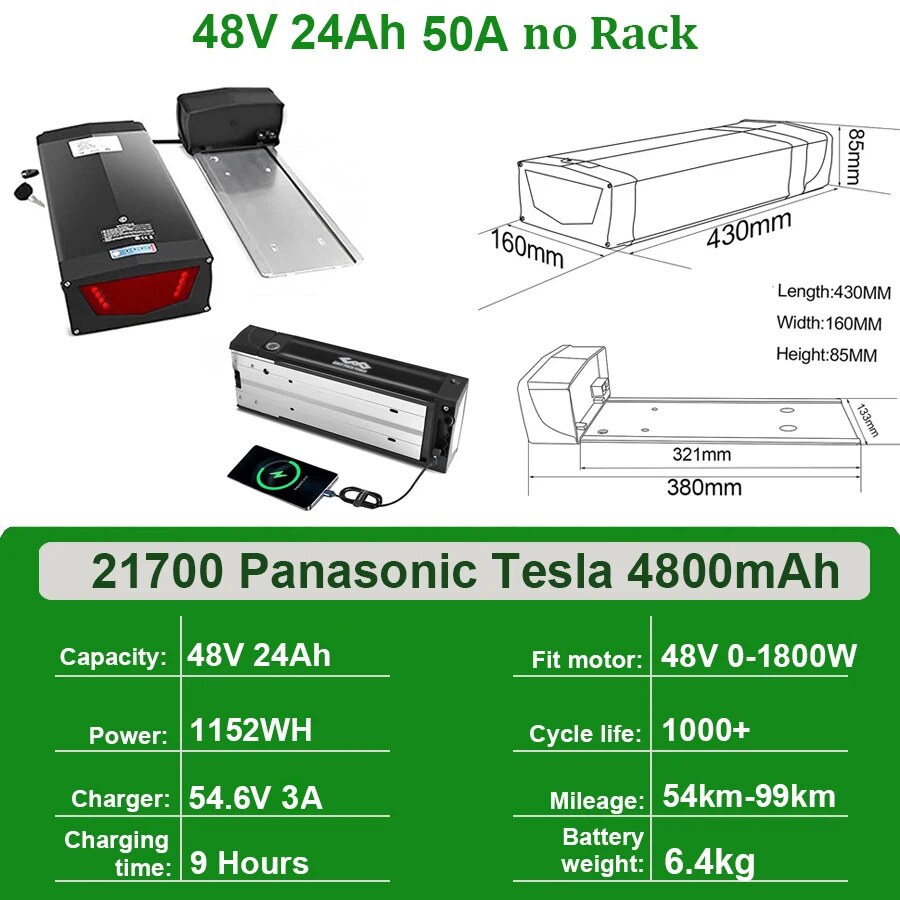 Rear Rack eBike Battery 21700 18650 52V 48V 28Ah 24Ah 20Ah With Double Luggage for 2000W 1500W 1000W 750W 500W 24"-28 inch Motor - RY MARKET PLACE