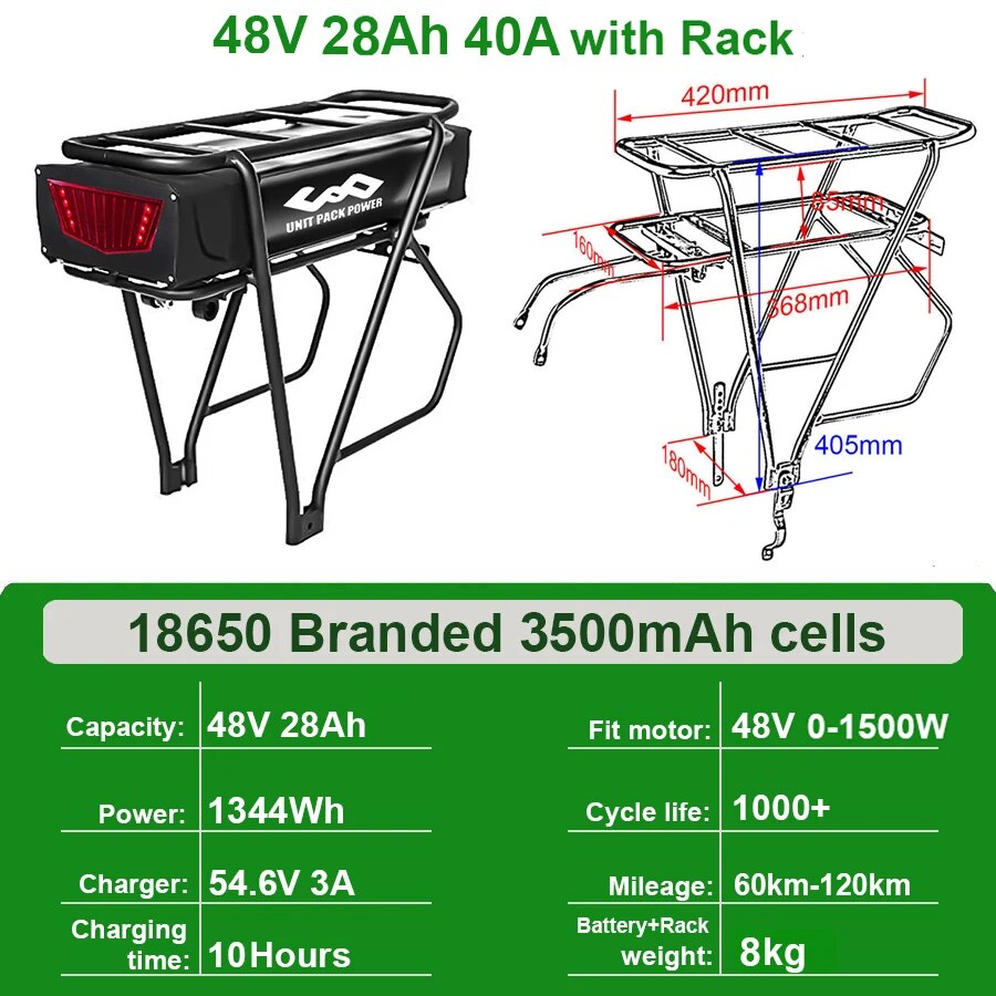 Rear Rack eBike Battery 21700 18650 52V 48V 28Ah 24Ah 20Ah With Double Luggage for 2000W 1500W 1000W 750W 500W 24"-28 inch Motor - RY MARKET PLACE