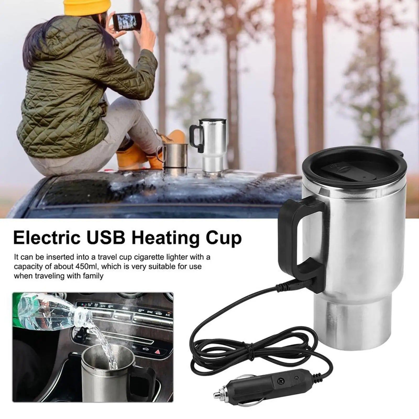 500ML 12V Car Electric Heating Cup USB Heating Cup Water Heater Bottle Drink Mug Traveling Cup with Electric Heater Car Gadgets