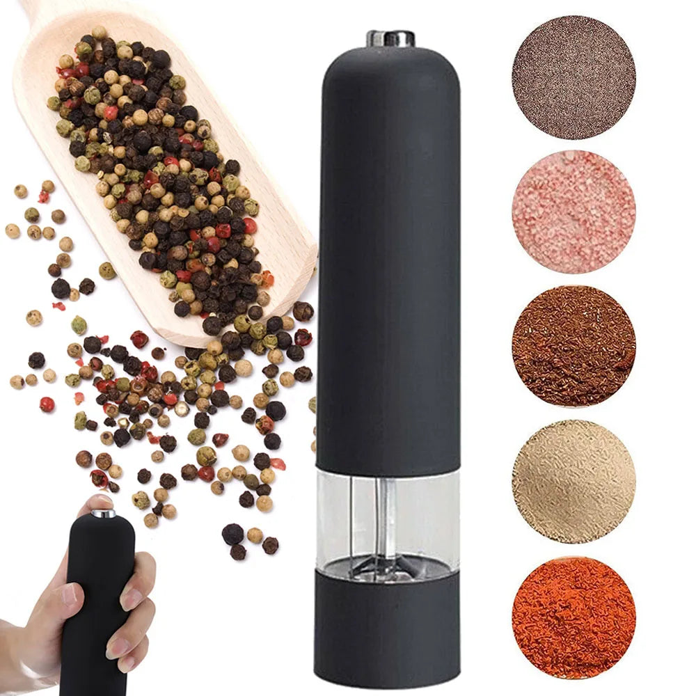 Black Electric Automatic Salt and Pepper Grinder Spices Mill Kitchen Tool Battery Operated Adjustable Coarseness with LED Light