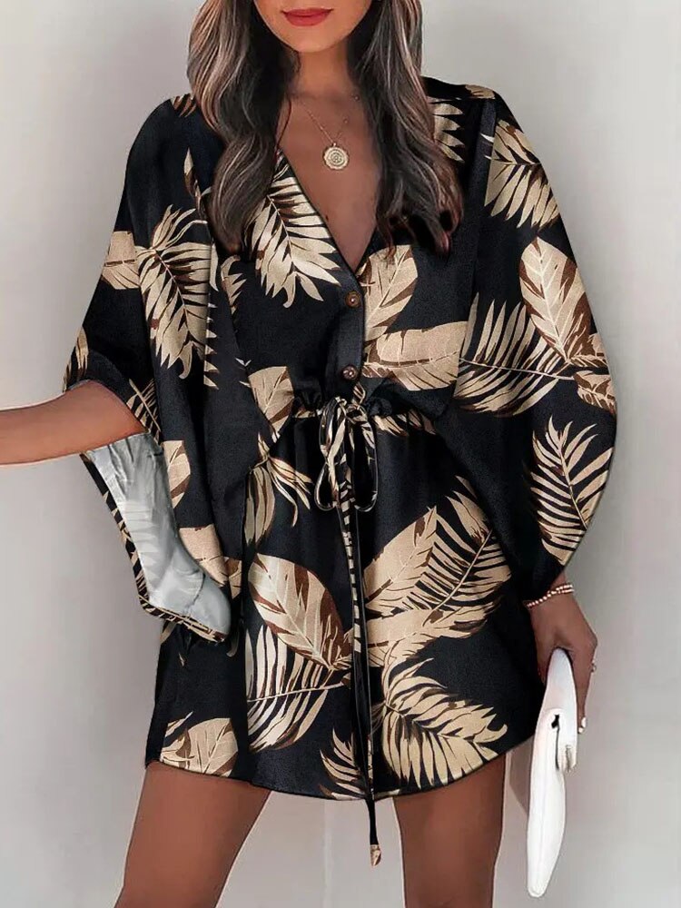 Casual Boho Button Beach Dresses 2023 New Vintage Batwing Sleeve Drawstring Dress Women Fashion Loose V-Neck Printed Mini Dress - RY MARKET PLACE