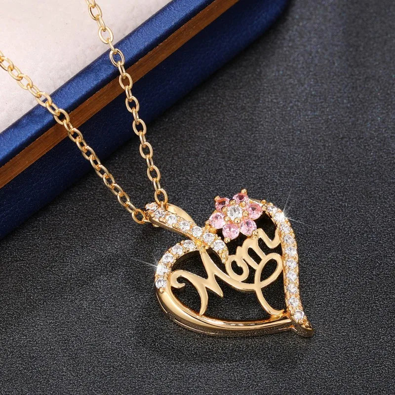 Huitan Mother's Day Necklace for Mom Luxury Trendy Craved Pendant Necklace Pink Flower Aesthetic Neck Accessories Love Jewelry