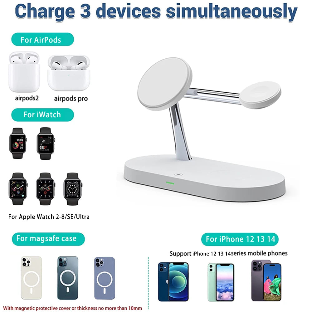 3 in 1 Wireless Charger Stand For iPhone 12 13 14 15 Magsafe Charger Airpods Pro Apple Watch 9 8 7 6 QI Fast Charging Station