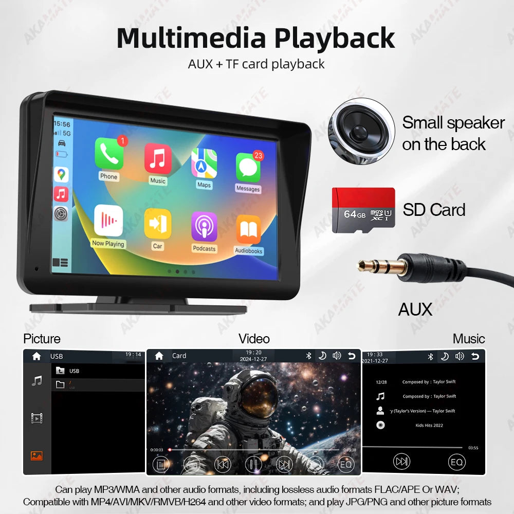 AKAMATE Universal Car Radio Monitor CarPlay Android Auto Multimedia Player Bluetooth WiFi AUX TF Card IPS Screen 7inch 2din