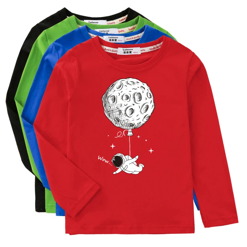 Boys Long Sleeved Shirt Astronaut Funny T-shirt Spring Autumn Cotton Clothes Kid Spaceman Fashion Tops