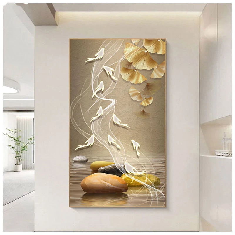 Golden Fengshui Golden Mountain Canvas Painting Luxury Koi Gold Sun Posters and Prints Wall Art for Porch Wall Decor No Frame