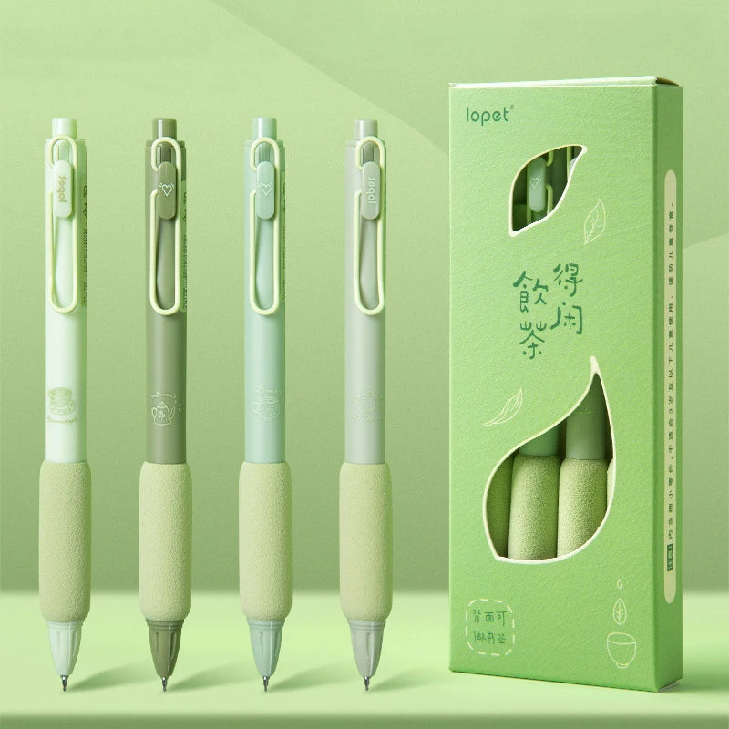 4PCS/Pack Green Tea Gel Pen Set 0.5mm Writing Pen Soft Touch Holder  Ballpoint Pen Black Color Ink Gel Pens Office School Supply