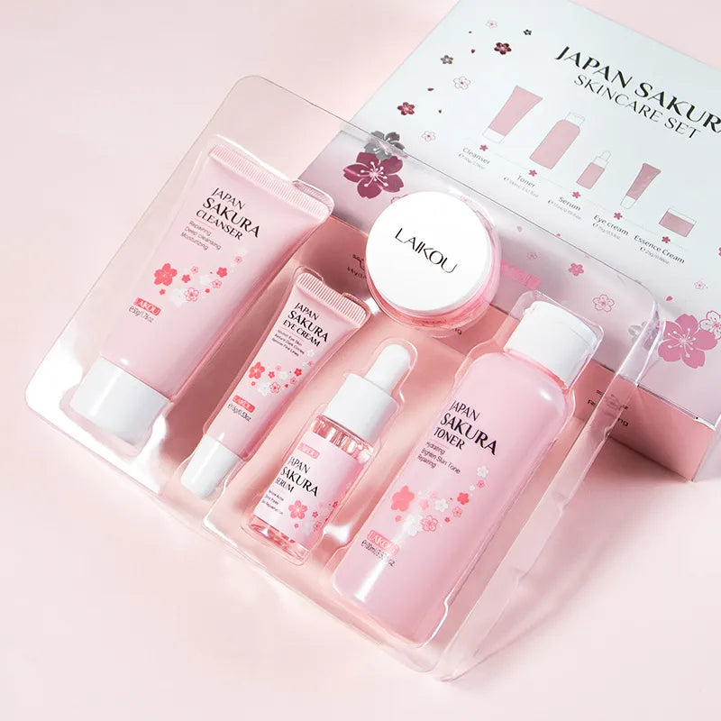 Face Skin Care Set Cleanser Sakura Essence Cream Moisturizing Whitening & Anti-Aging Toner Eye Cream Face Serum Eye Skin Care