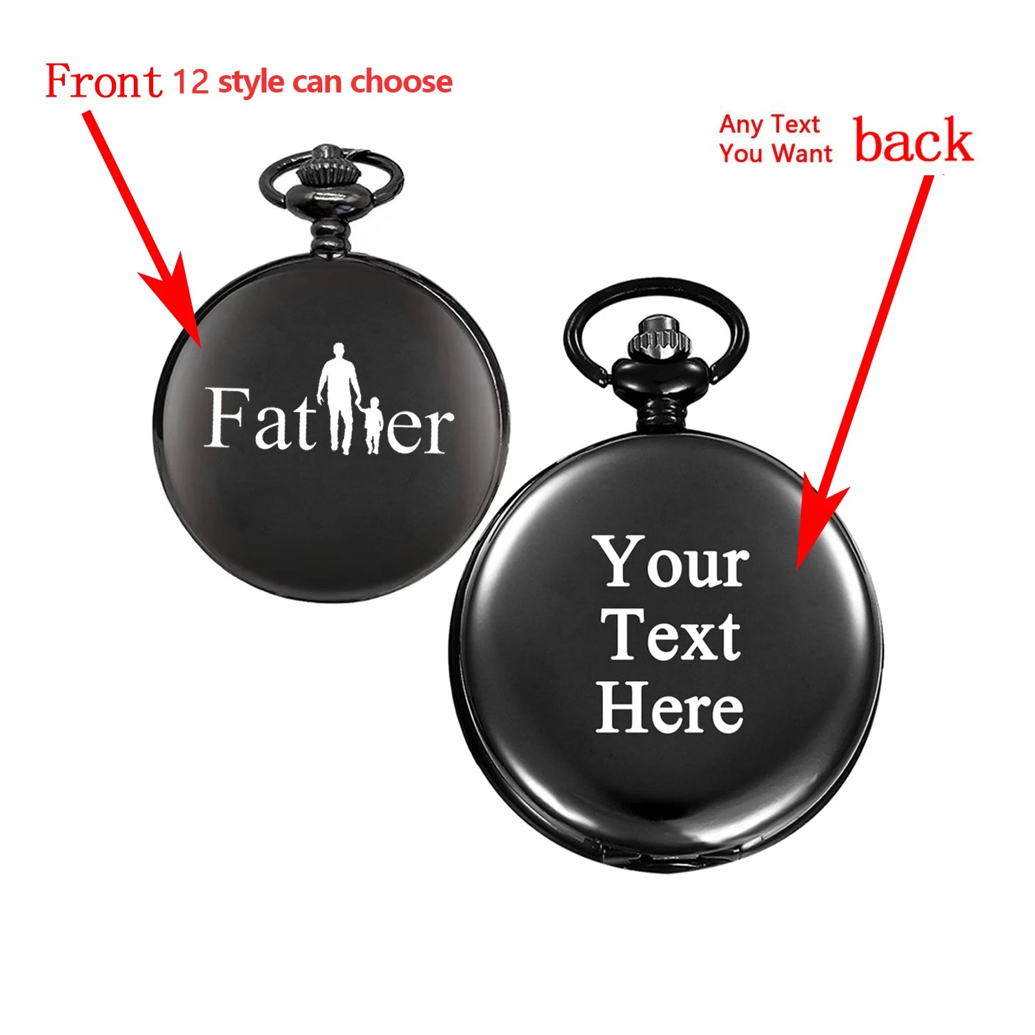 Customize With Your Text carving english alphabet face pocket watch a belt chain Black quartz watch father's day gift