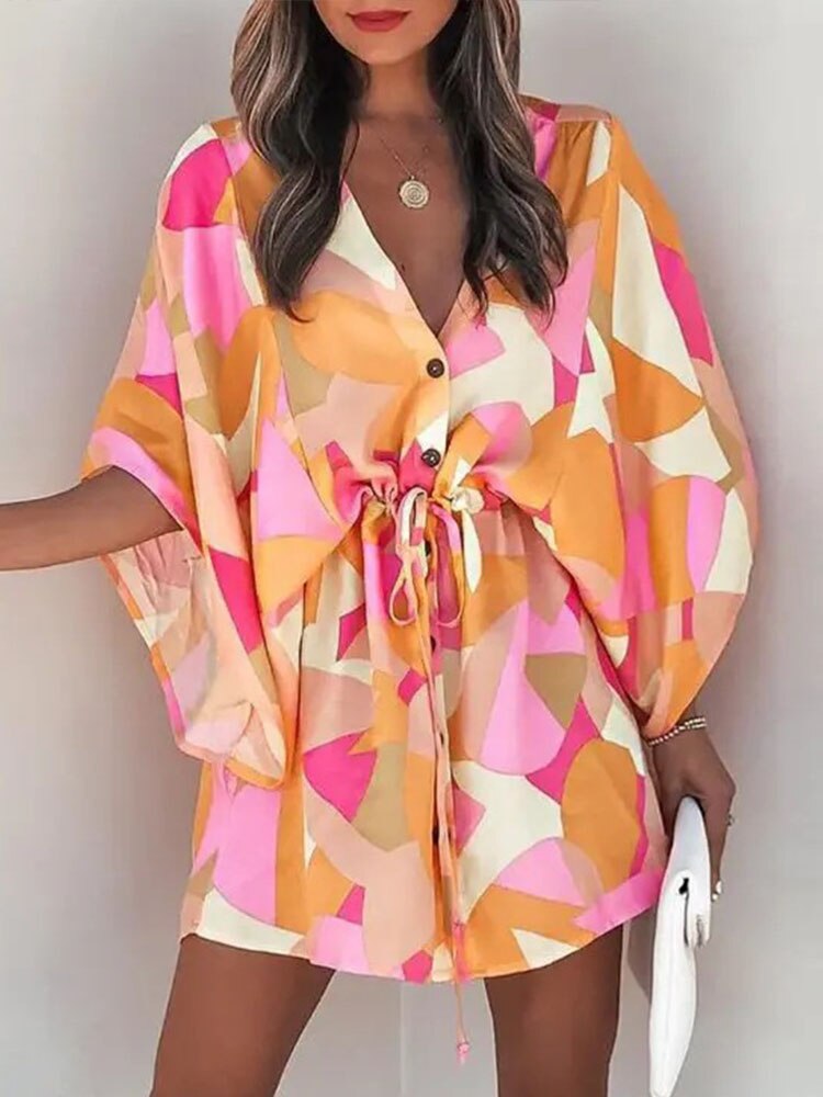 Casual Boho Button Beach Dresses 2023 New Vintage Batwing Sleeve Drawstring Dress Women Fashion Loose V-Neck Printed Mini Dress - RY MARKET PLACE