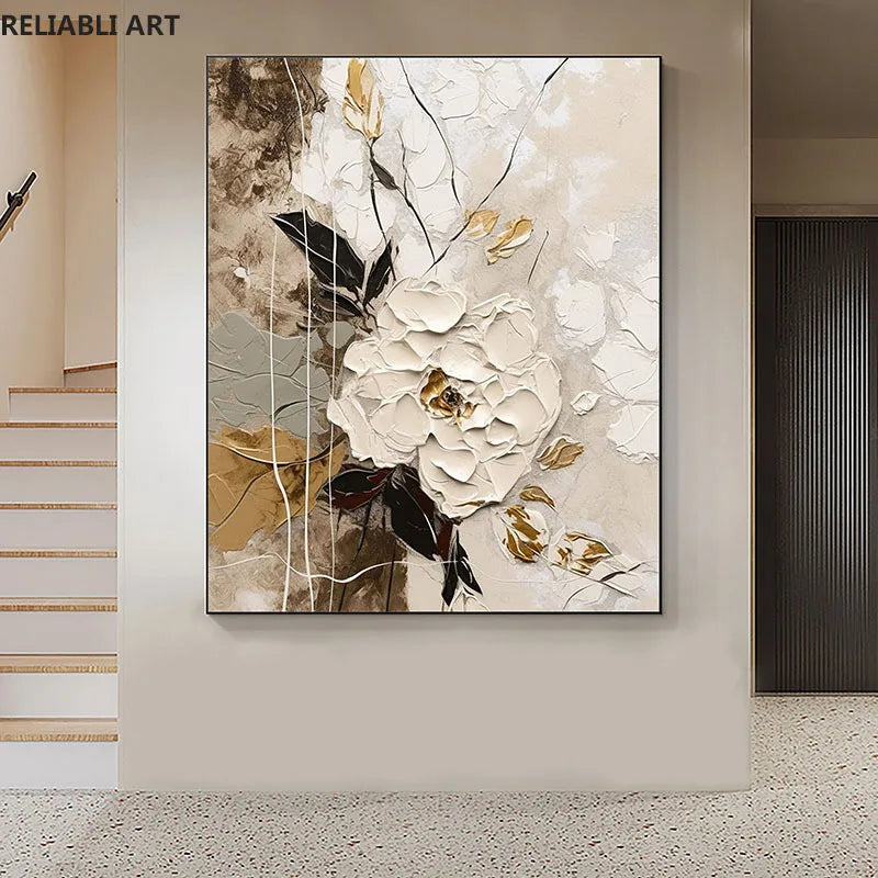 Abstract White Flower Oil Painting On Canvas Print, Wall Art Picture ,Paintings ,Modern Home Living Room Decor Cuadros