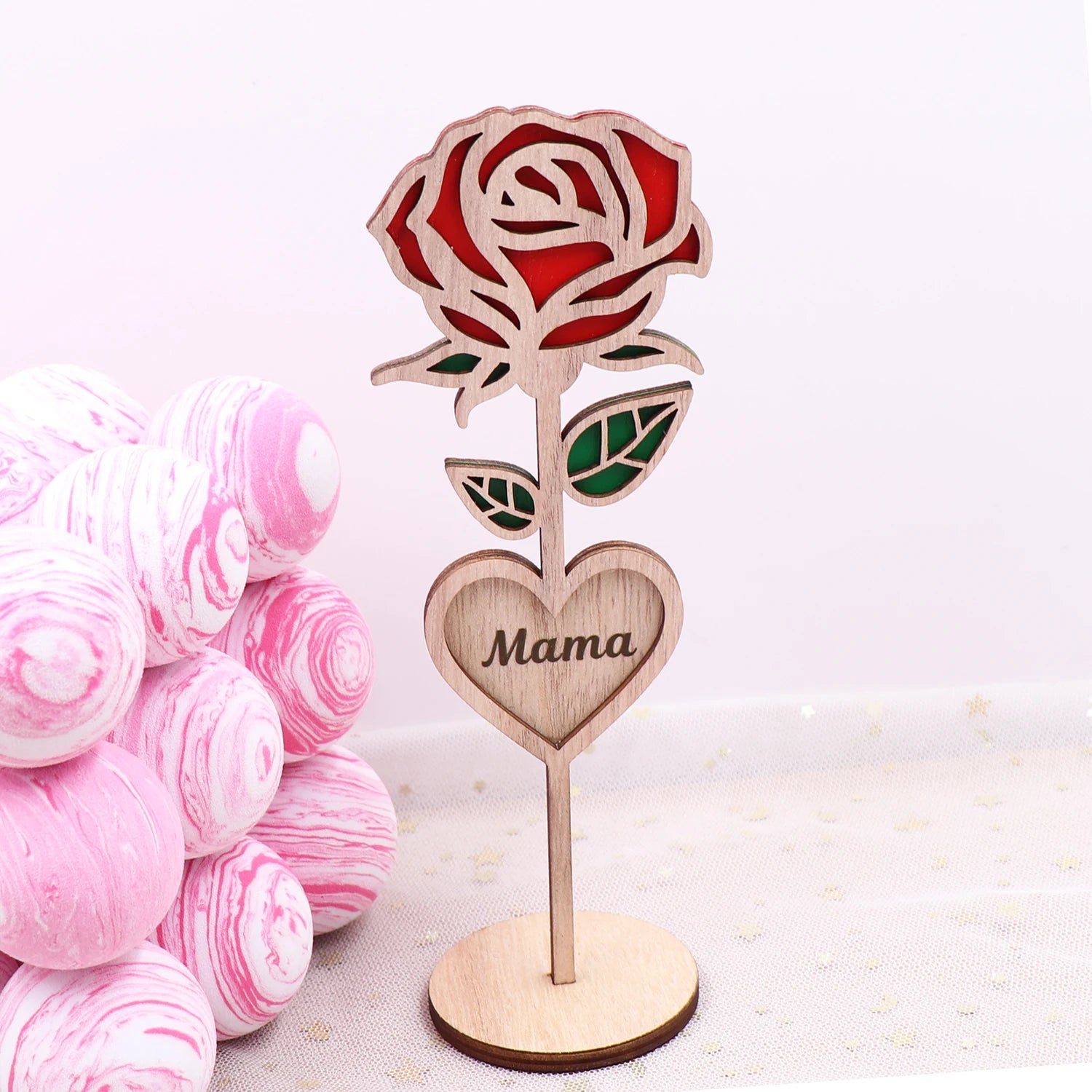 1pcs-Mother's Day Roses Laser Cut Art Wood Flower Heart Mama Love Gift