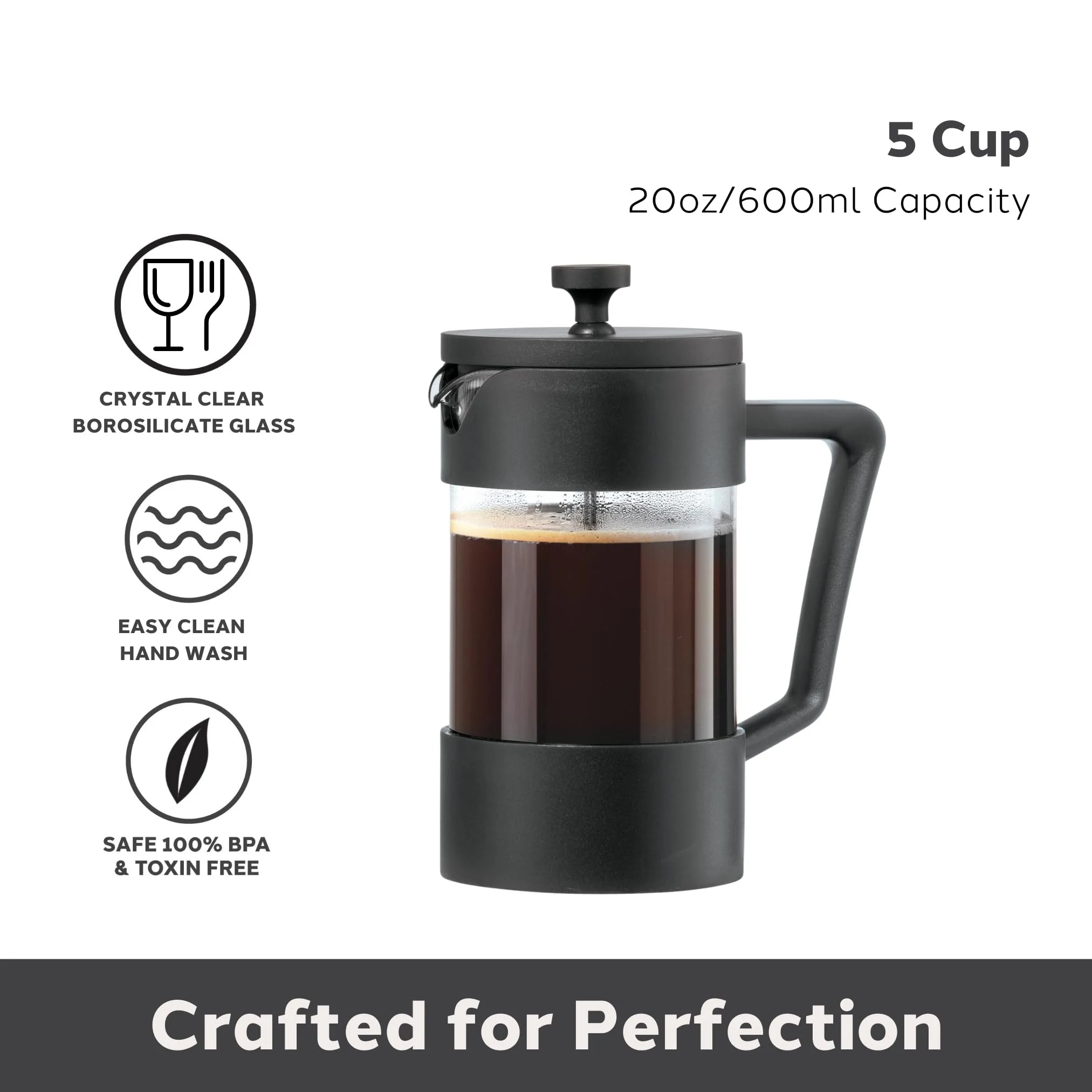 Borosilicate Glass French Press Coffee Maker (20oz)- 5 Cup Capacity Coffee Press, Single Serve Coffee Maker, Stainless Steel Lid