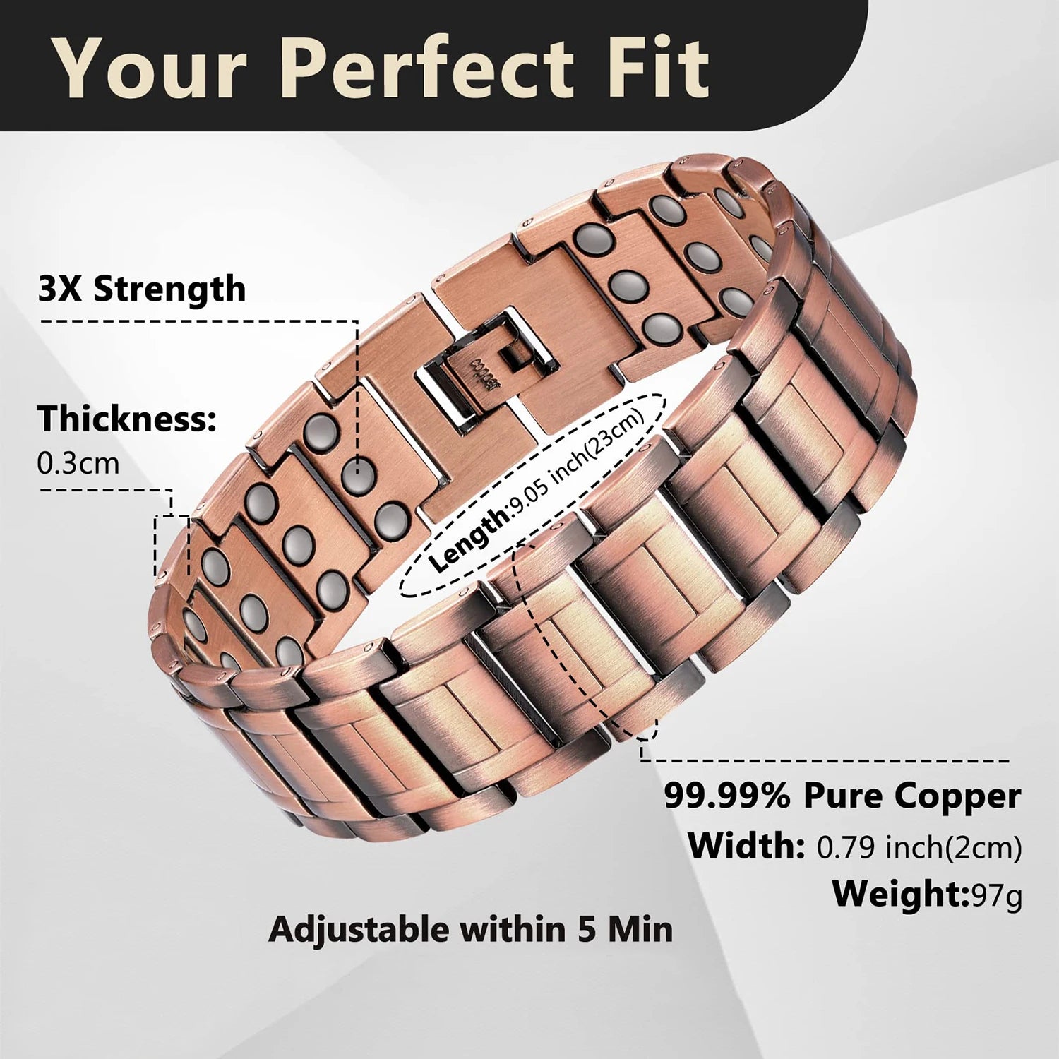 3X Strength Copper Bracelets for Men Pure Copper Magnetic Bracelet with 3 Row Neodymium Magnets Adjustable Length Gifts for Men