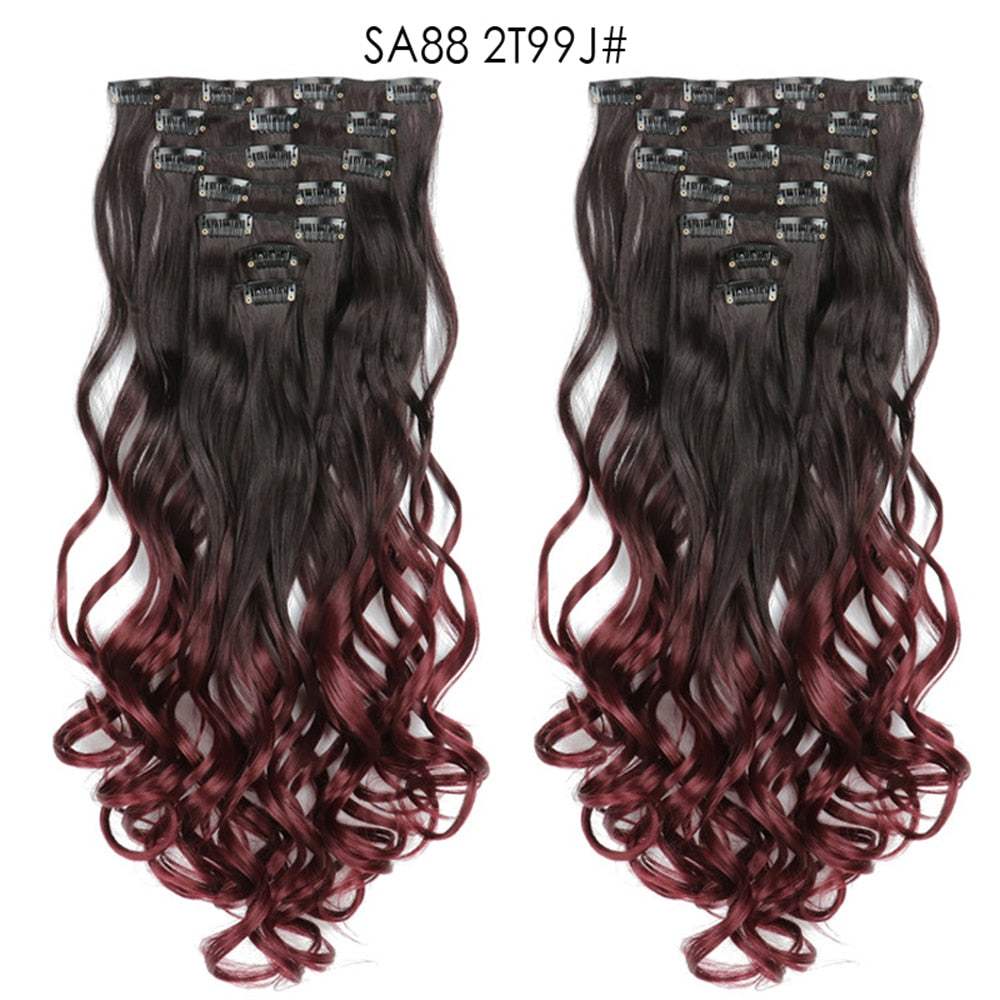 LINWAN Hair 22inch Ombre Hair Long Curly Hair Extension 16 Clips High Tempreture Synthetic Hairpiece Clip In Hair Extensions - RY MARKET PLACE