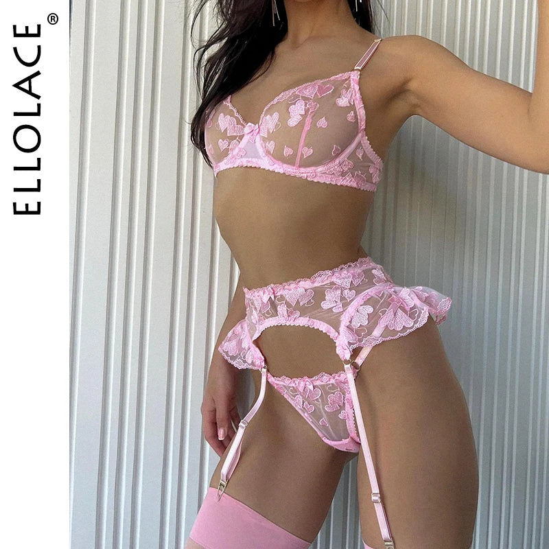 Ellolace Valentine's Day Lingerie Lace Heart-Shaped Embroidery Exotic Sets Transparent Bra Intimate Sets Fancy Lace Underwear