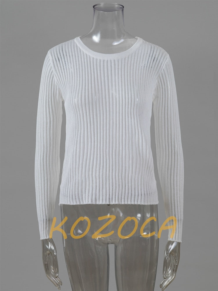 2023 Fashion White Elegant Striped See Through Women Tops Outfits Long Sleeve T-Shirts Tees Skinny Club Party Clothes - RY MARKET PLACE