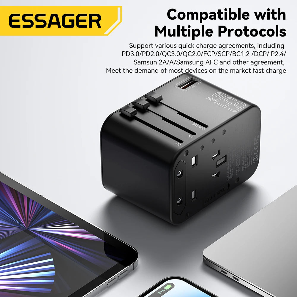 Essager Universal Travel Adapter Charger 65W All-in-One Travel Charger Fast Charger for US EU AU Plug UK Full Function Charging