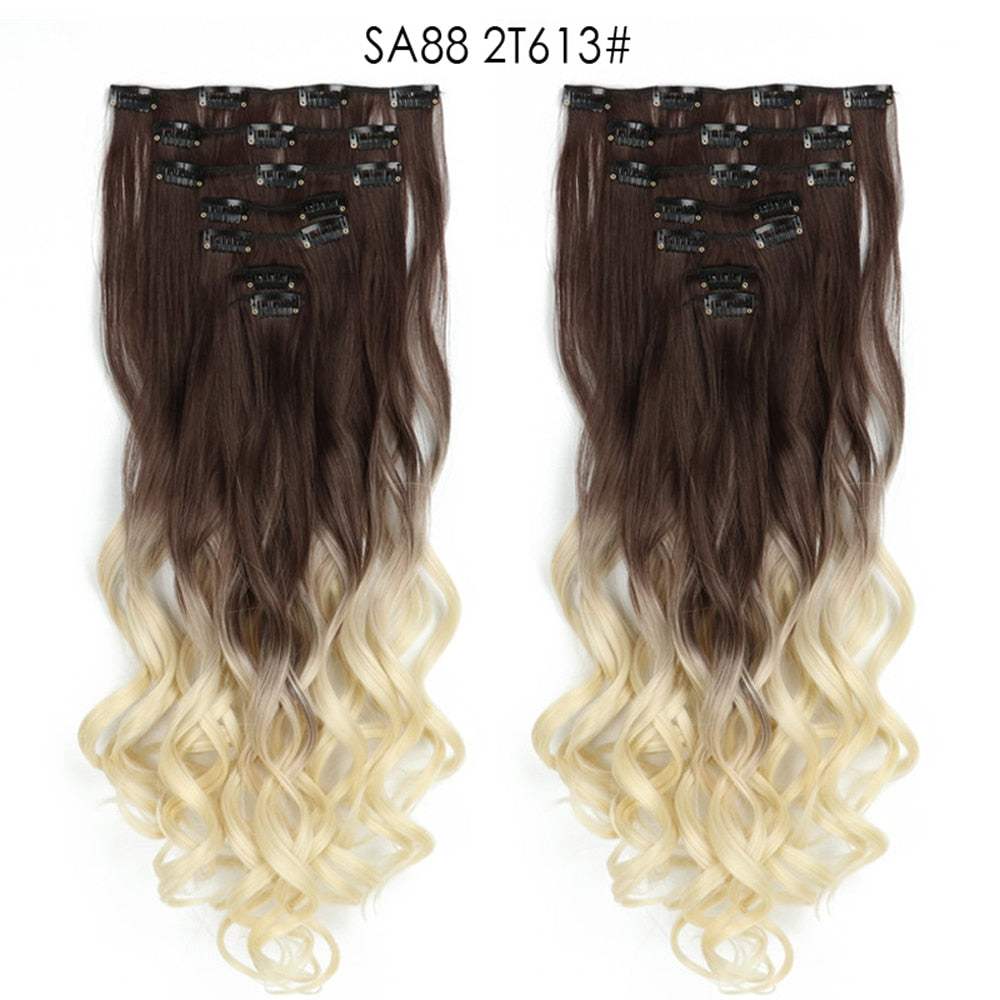 LINWAN Hair 22inch Ombre Hair Long Curly Hair Extension 16 Clips High Tempreture Synthetic Hairpiece Clip In Hair Extensions - RY MARKET PLACE