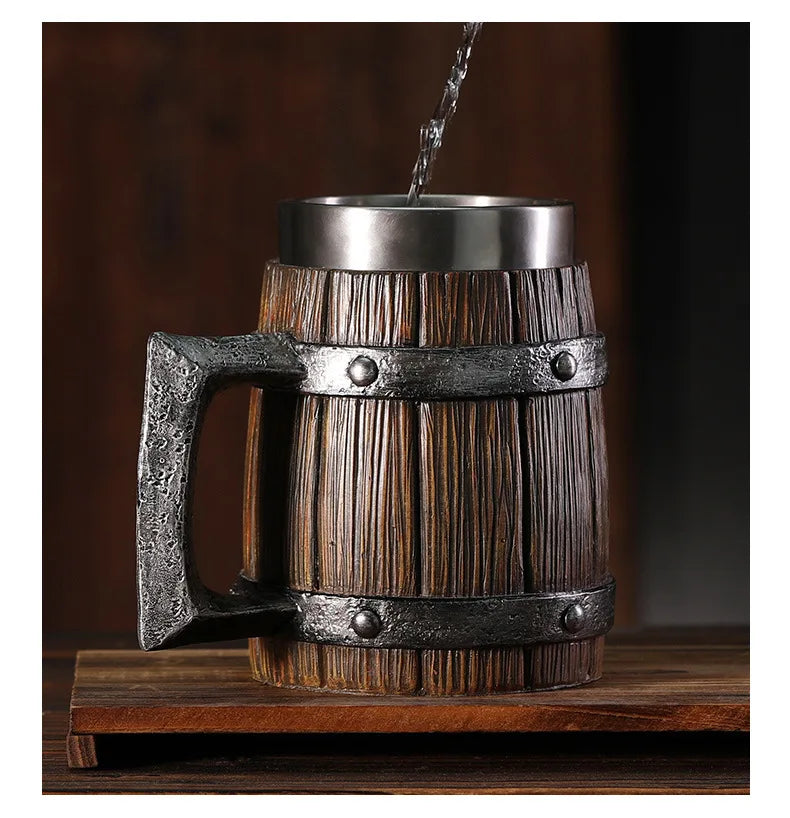 Hot-selling Wooden Barrel Beer mug , Large-capacity  Coffee mug Water bottle ,Tazas de café with stainless steel