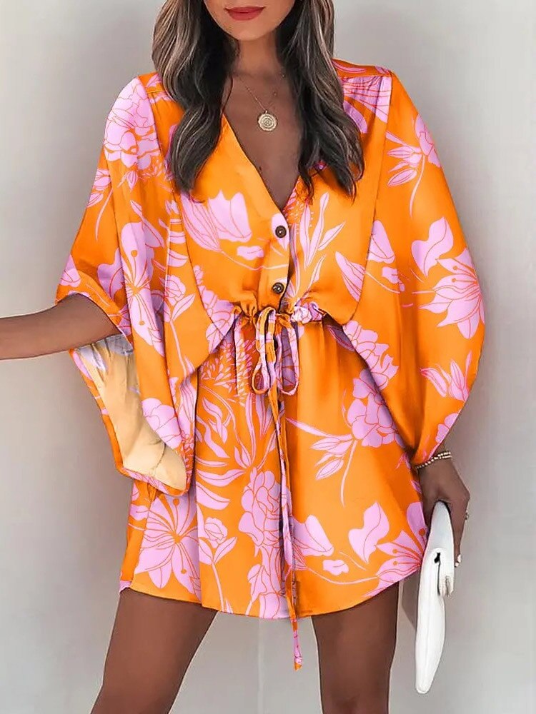 Casual Boho Button Beach Dresses 2023 New Vintage Batwing Sleeve Drawstring Dress Women Fashion Loose V-Neck Printed Mini Dress - RY MARKET PLACE