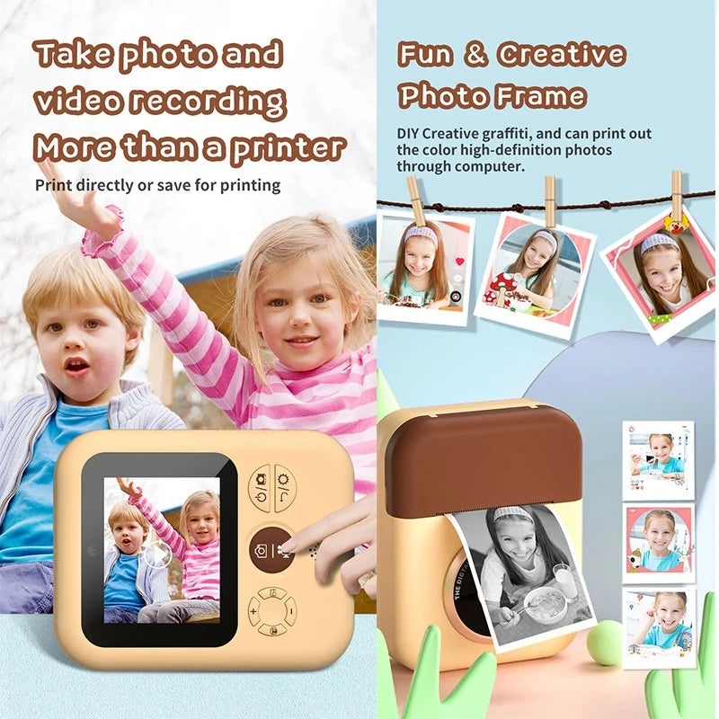 Kids Instant Printing Camera Mini Digital Camera With HD Video Recording Dual Lens Thermal Photo Paper Birthday Gift Boys Girls