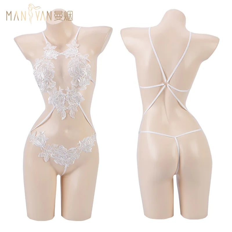 Lady 3-point Sexy Lingerie Embroidery Bodysuit Set Lace Robe Perspective Hot Cosplay White Soft Chemise Sleepwear Bed Temptation