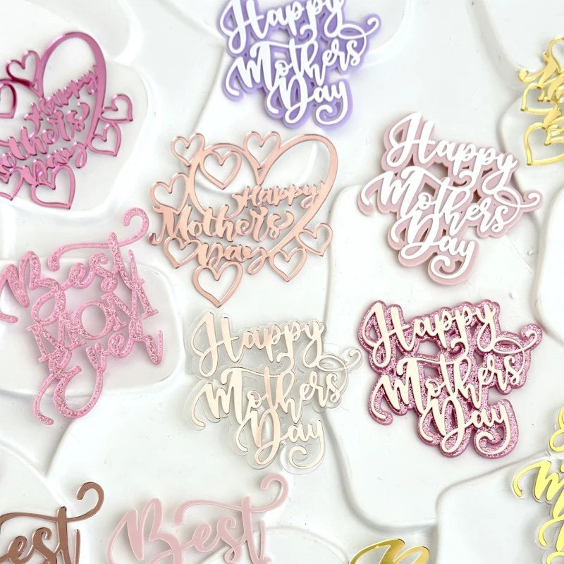10pcs Glitter Happy Mother's Day Cake Toppers Acrylic Mirror Pink Cupcake Topper Heart Best MOM Party Cake Dessert Decorations