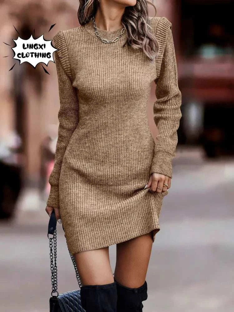 2023 Autumn and Winter Korean Fashion Women's Knitted Hip Skirt Elegant Warm Elastic Long Sleeve Knitted Sweater Long Dress