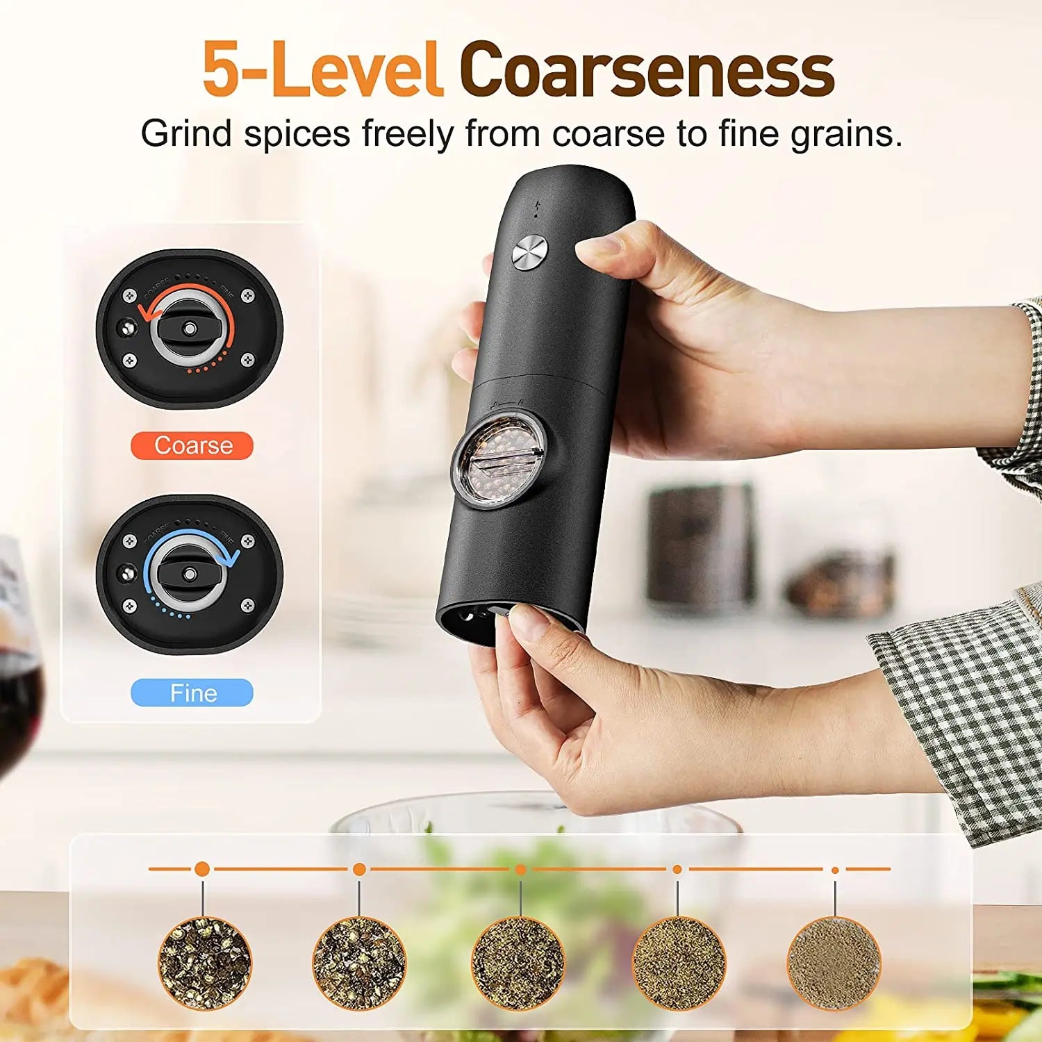 Automatic Salt and Pepper Grinder, USB Rechargeable, Adjustable Coarseness, Spice Mill with LED Light, Kitchen Tool