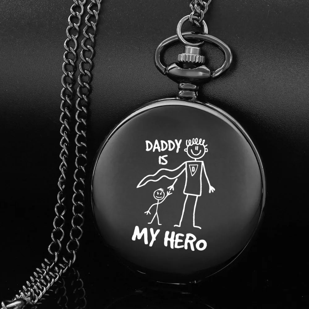 DADDY IS MY HERO carving english alphabet face pocket watch a belt chain Black quartz watch birthday father's day perfect gift