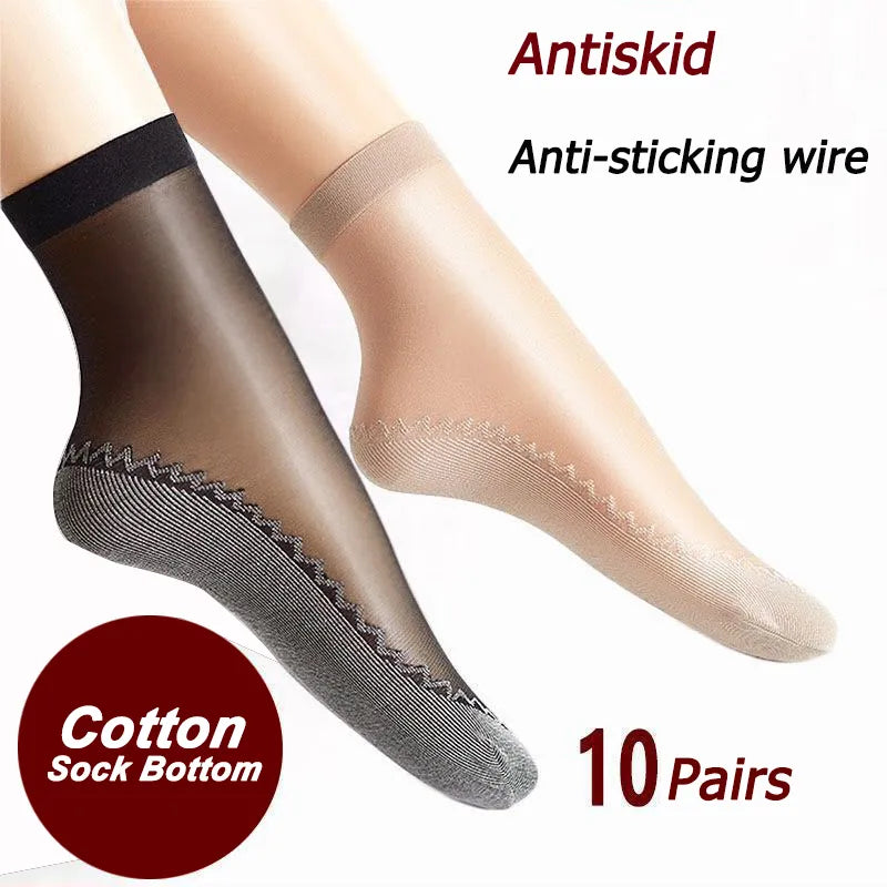 20pcs=10 Pairs Spring Summer Women Soft Socks Thin Silk Socks Non-Slip Bottom Splice Fashion Transparent Ladies Breathable Sock