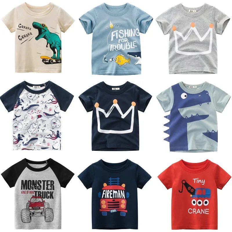 2-9 Years Boys T Shirt Cartoon Animals Baby Kids Children Cotton Short Sleeves Summer Clothing Car Dinosaur Shark Printing KF919