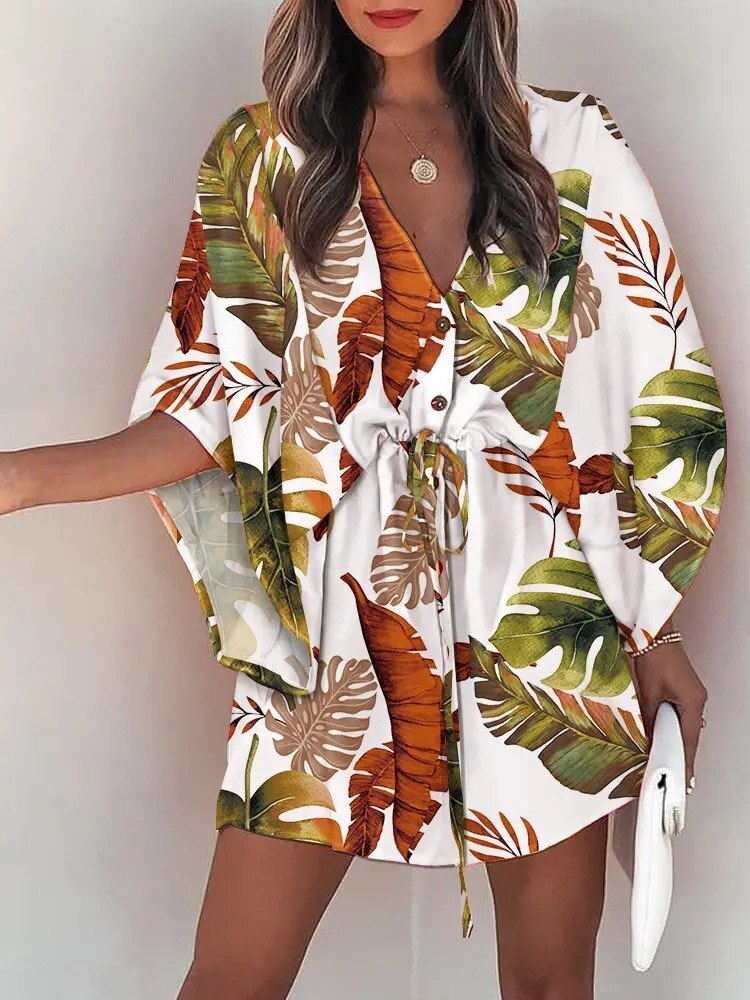 Casual Boho Button Beach Dresses 2023 New Vintage Batwing Sleeve Drawstring Dress Women Fashion Loose V-Neck Printed Mini Dress - RY MARKET PLACE