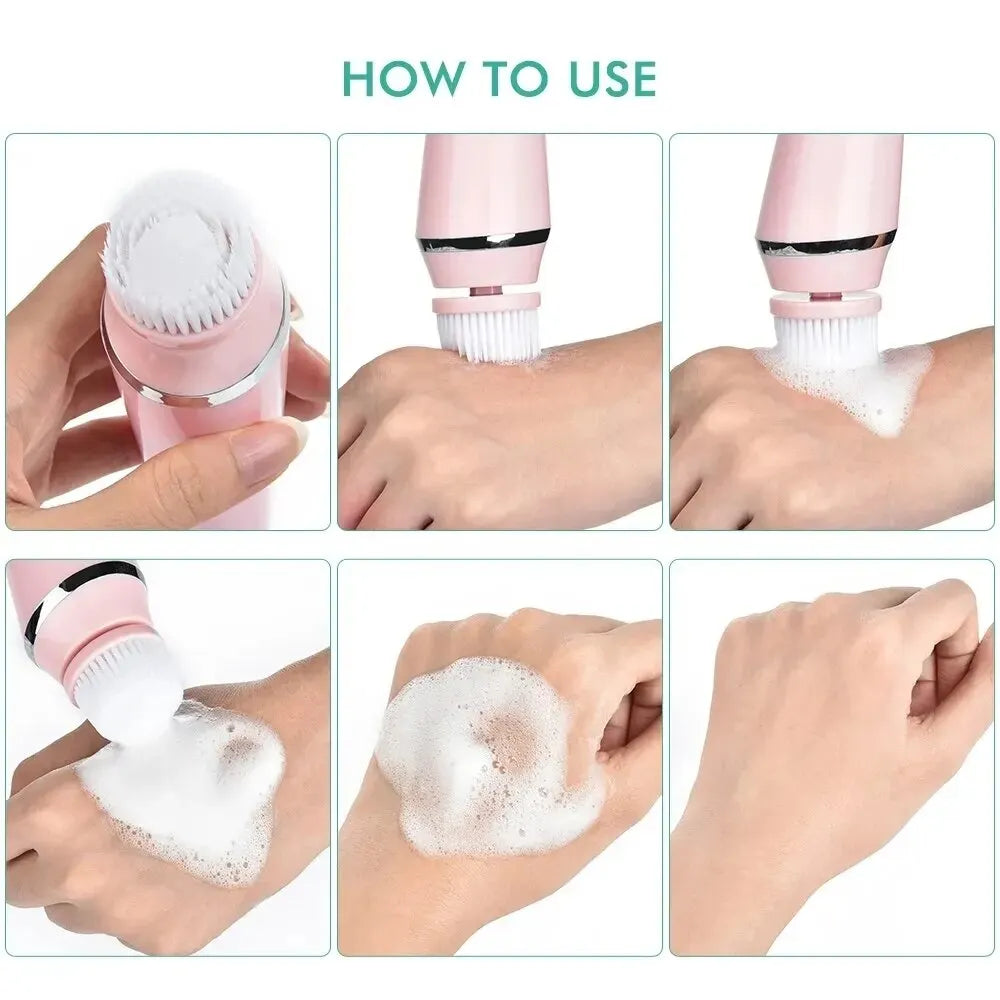 4 in 1 Electric Facial Cleansing Brush Sonic Waterproof Rotate Rechargeable Face Cleaning Tool Pore Cleaner Facial Skin Machine