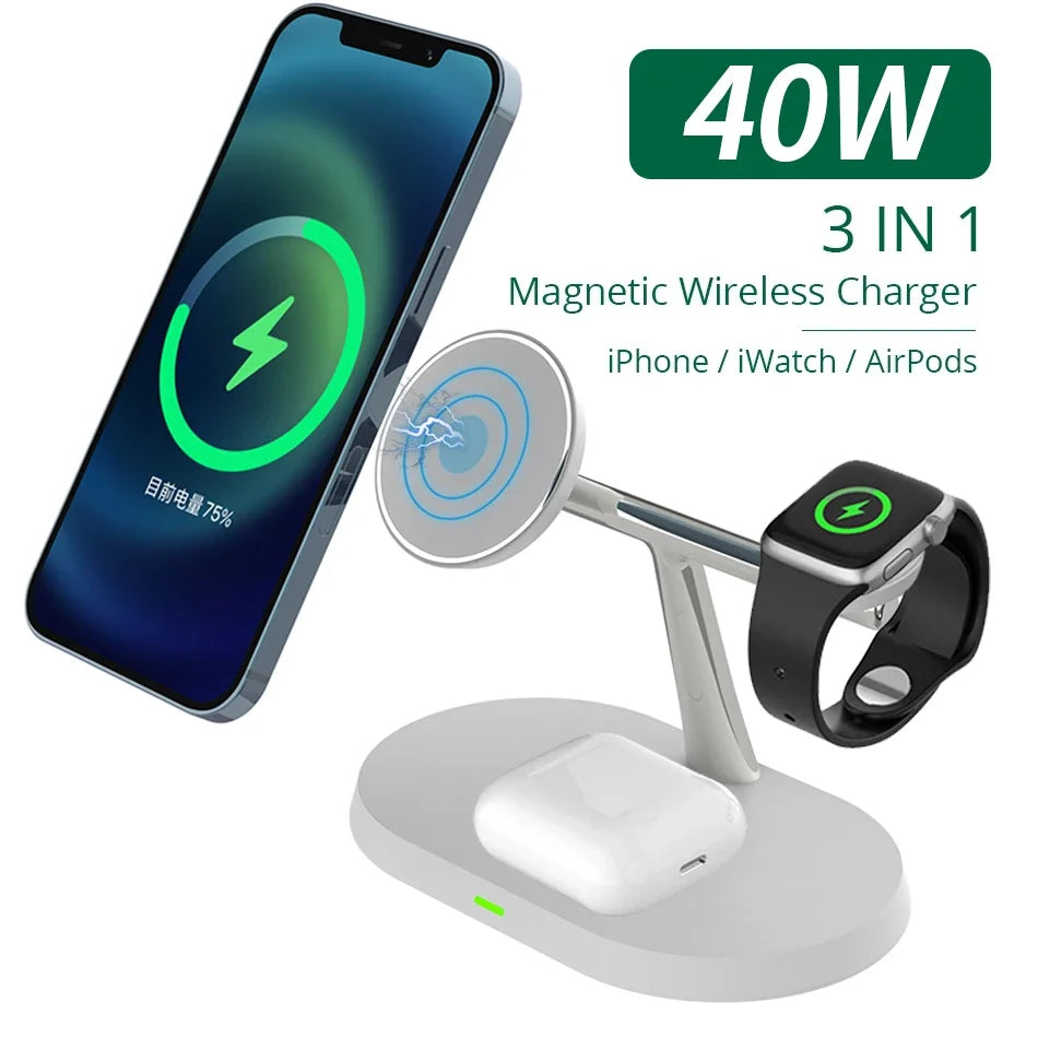 40W for MagSafe 3-in-1 Wireless Charger,  Apple Watch, AirPods Charging Station for iPhone 15, 12, Pro, Pro Max, Mini