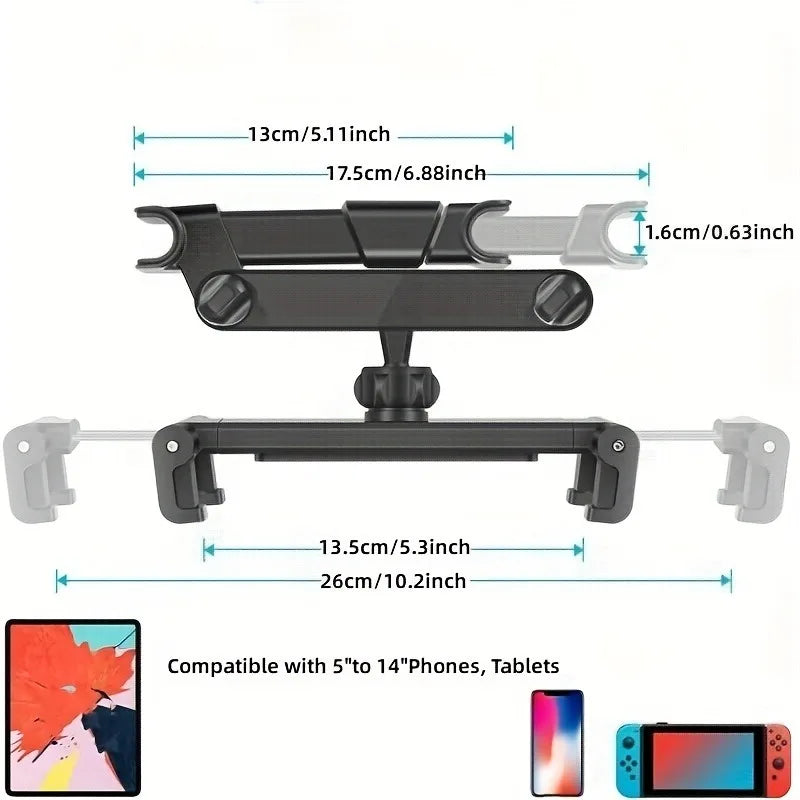 Car Tablet Holder, Headrest Mount Adjustable Stand Cradle Compatible With 5" To 12.9" Cell Phones And Tablets