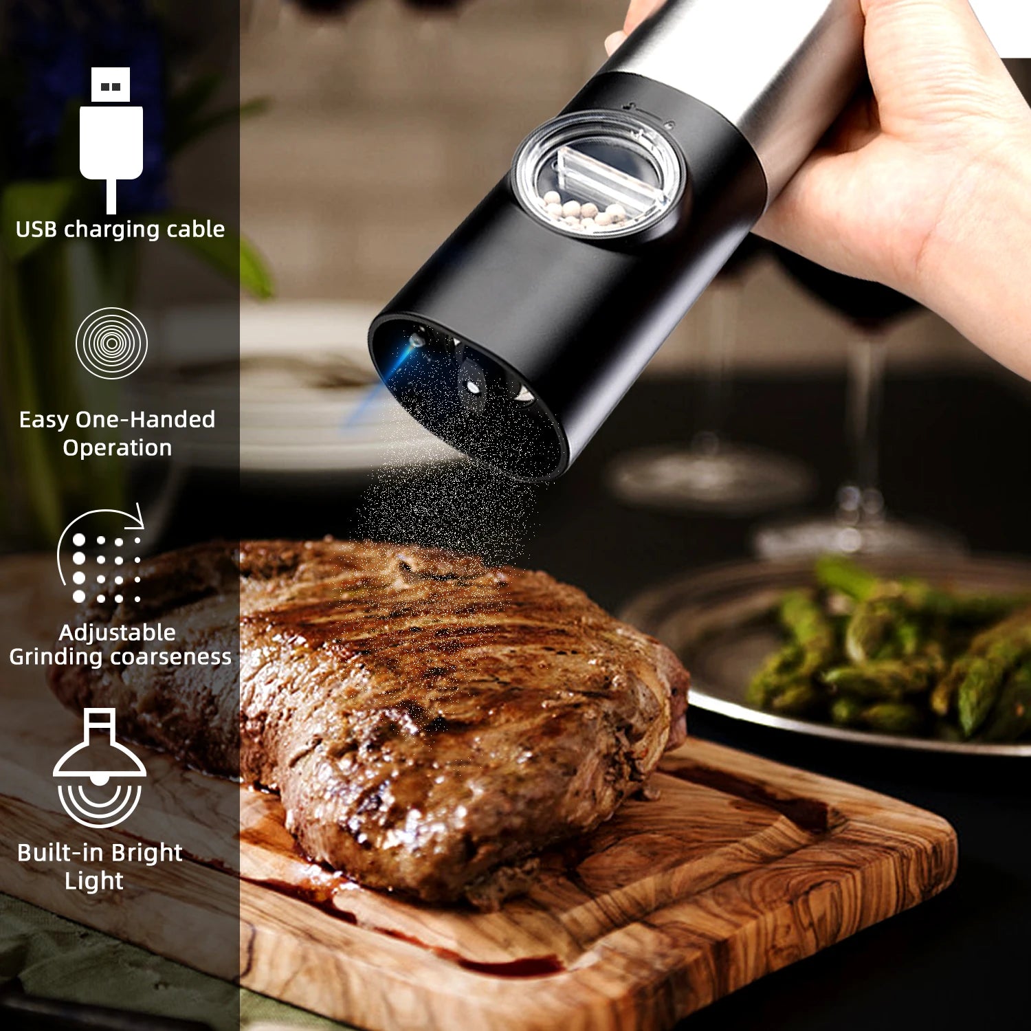 Electric Salt And Pepper Grinder Set Base Charging Stainless Steel USB Rechargeable Automatic Pepper Mill Salt Adjustable Spice