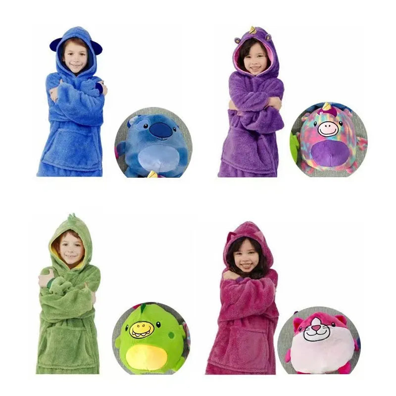 Children's Cartoon Pets Hoodie Blanket Kids Lazy Pillow Pajamas Pullover Clothes Wearable Hooded Coats for Boys Girls Gift