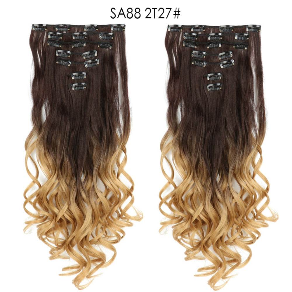 LINWAN Hair 22inch Ombre Hair Long Curly Hair Extension 16 Clips High Tempreture Synthetic Hairpiece Clip In Hair Extensions - RY MARKET PLACE