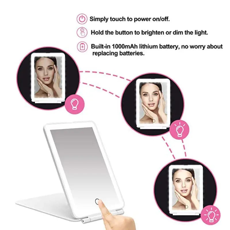 Portable Vanity Lamp Folding Cosmetic Mirrors Lighted Touch Screen Makeup Mirror With LED Lamp Usb Rechargeable Foldable Design