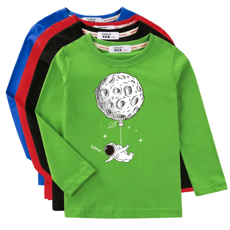 Boys Long Sleeved Shirt Astronaut Funny T-shirt Spring Autumn Cotton Clothes Kid Spaceman Fashion Tops