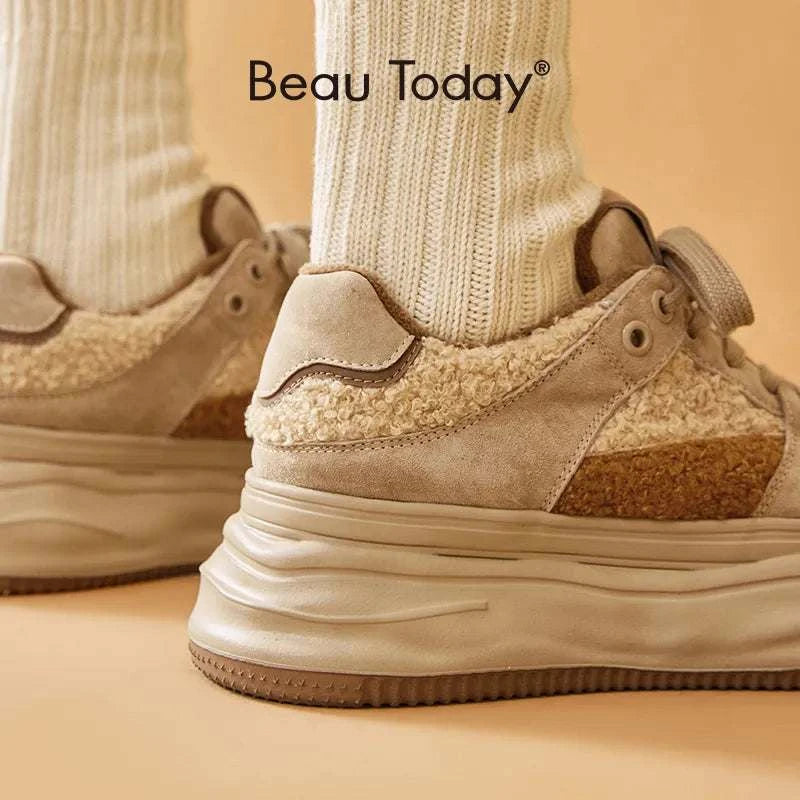 BeauToday Warm Platform Sneakers Pigsuede Patchwork Round Toe Cross Tied Vulcanized Sole Winter Lady Casual Shoes Handmade 29197