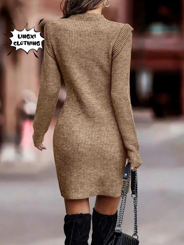 2023 Autumn and Winter Korean Fashion Women's Knitted Hip Skirt Elegant Warm Elastic Long Sleeve Knitted Sweater Long Dress