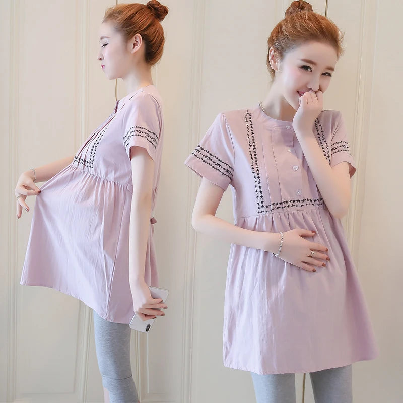 2024 Spring and Summer Maternity Cotton Clothes Striped Patchwork Pregnant Woman Short Sleeve Shirts With Belt Pregnancy Blouses