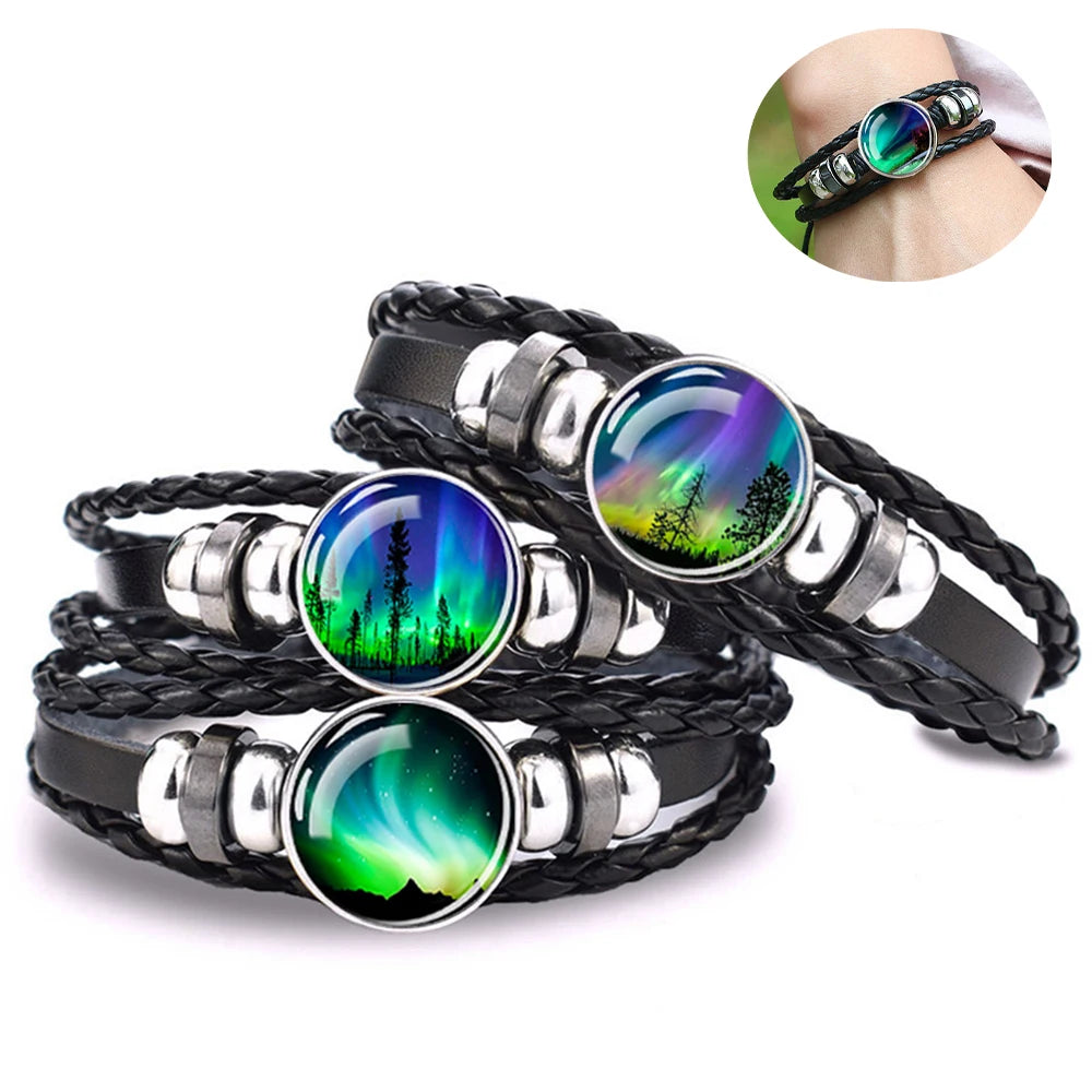 Aurora Northern Lights Charm Bracelet Polar Lights Life Tree Glass Dome Leather Weave  Bracelets Jewelry Men Father's Day Gift