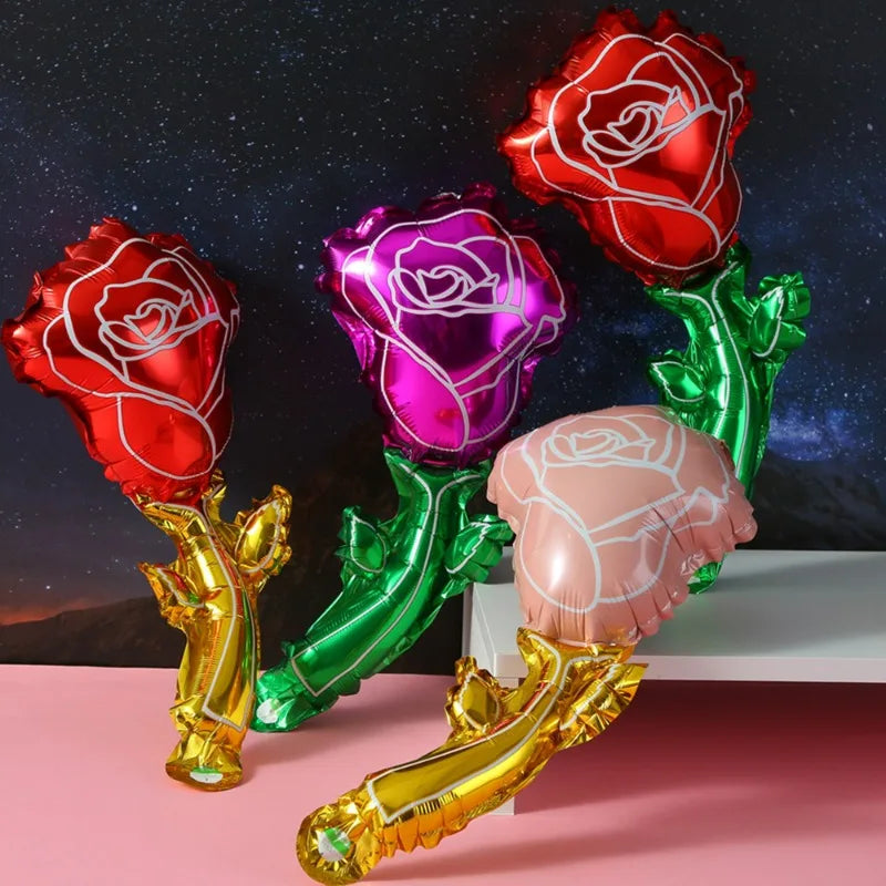 50/5Pcs Handhold Rose Flower Balloons Mini Rose Shaped Aluminum Film Balloons Mother's Day Decorations Wedding Party Supplies